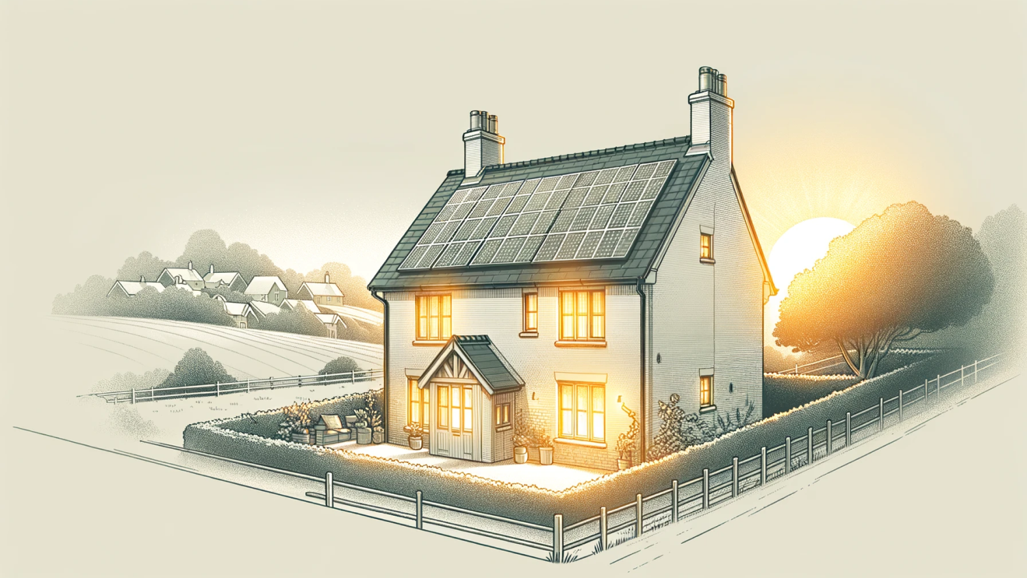 A house sketch with warm glow coming out of it, and a warm sun behind it, with solar panels installed on the house's roof